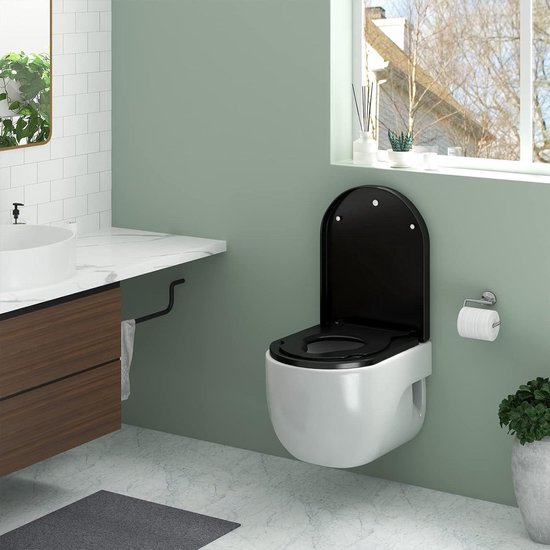 Toiletbril, softclose-wc-bril, D-vorm, toiletbril, softclosemechanisme, wit met snelsluiting, kunststof toiletdeksel met verstelbare scharnieren, toiletzitting voor eenvoudige reiniging (9015