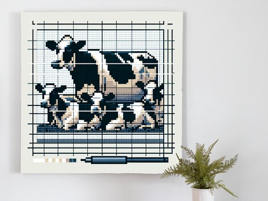 Pixel art koeien schilderij | Koeienpracht in digitaal jasje: pixelart verbeeldt boerderij-idylle | Kunst - 30x30 centimeter op Canvas | Foto op Canvas