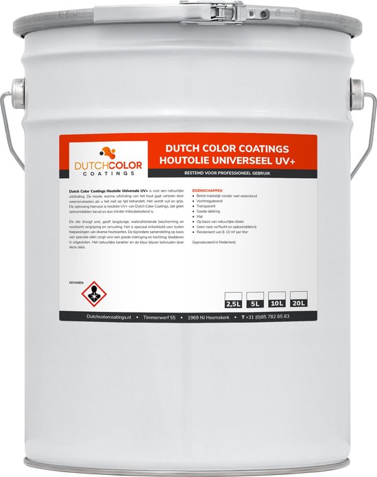 Close-up van een wit metalen vat met oranje en zwart label voor "Dutch Color Coatings Houtolie Universeel UV+".