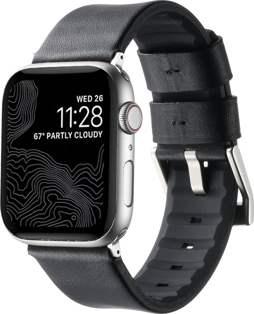 By Qubix - Leer + siliconen band - Zwart + zilveren aansluiting en gesp - Geschikt voor Apple Watch 44mm / 45mm / 46mm / 49mm (Ultra 1,2 en 3)