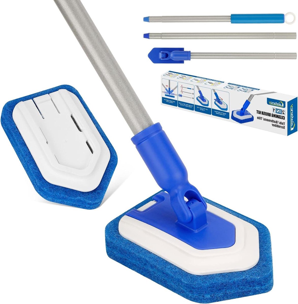 Goedkoopste Douche Schrobborstel met Lang Uitschuifbaar Handvat 119cm - 2in1 - Reinigingsborstel voor Badtegels - Uitwisselbaar Schrobborstel - Bijlage voor Schoonmaak Badkamer - Douche Bad Vloer Wasbak schrobber met steel