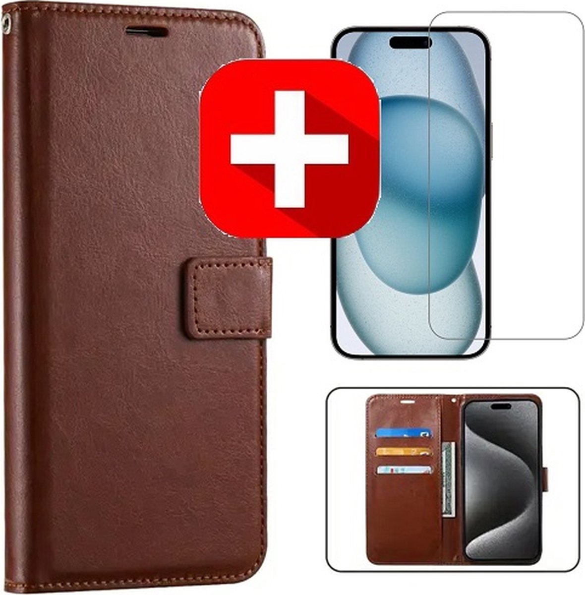 iPhone 15 Pro Hoesje Met Pasjeshouder Bruin + Screenprotector