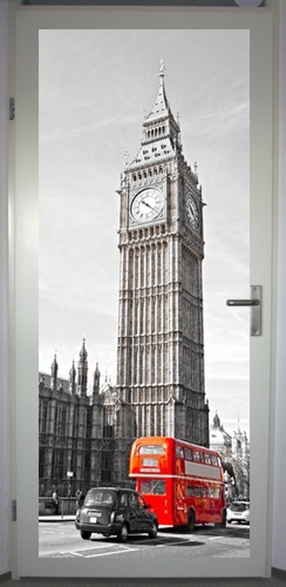 Une affiche de porte représentant Big Ben, un bus rouge à impériale et un taxi noir.