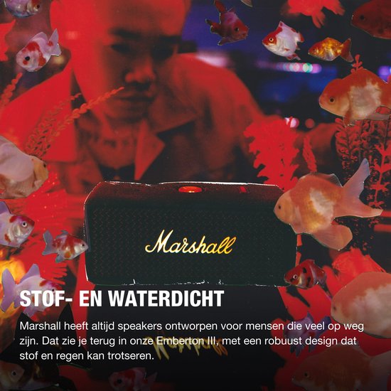Zwarte Marshall-speaker met goudkleurig logo, omringd door goudvissen en rode planten.