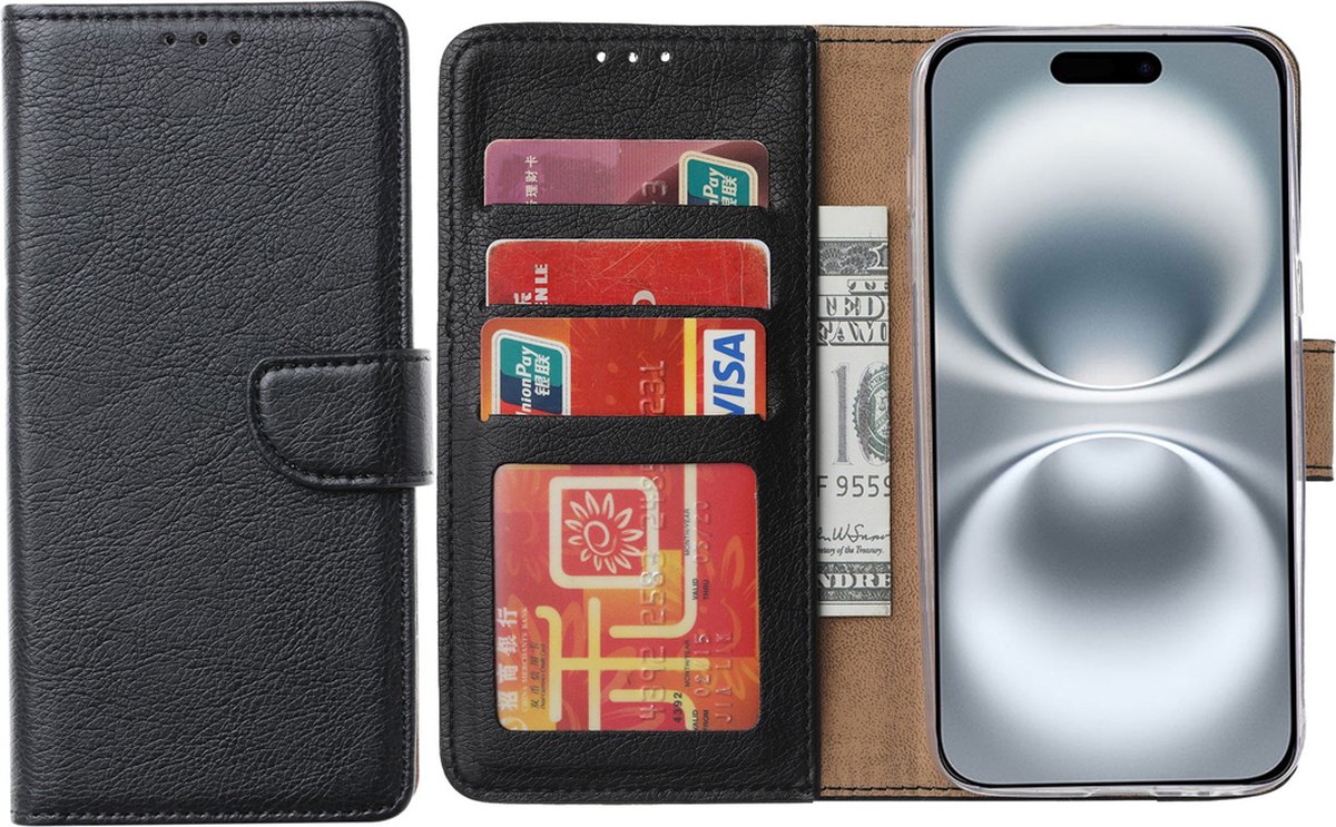 Hoesje Geschikt voor iPhone 16 Plus – Arara bookcase met pasjeshouder - Zwart