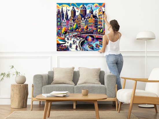 Modern amsterdam schilderij | Urban Elegance: A Contemporary Interpretation of Amsterdam's Modern Culture | Kunst - 40x40 centimeter op Canvas | Foto op Canvas