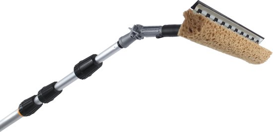 Telescoopstang 6 meter met raamwisser, bruine spons, aluminium stang, uittrekbaar voor het reinigen van ramen, dakramen, serre, camper met hoek en adapter