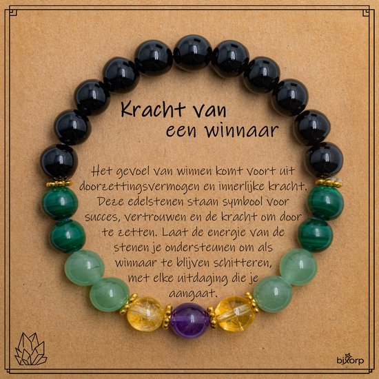 Bracelet avec des perles d'onyx, de malachite, d'aventurine, de citrine et d'améthyste, sur fond brun avec du texte.