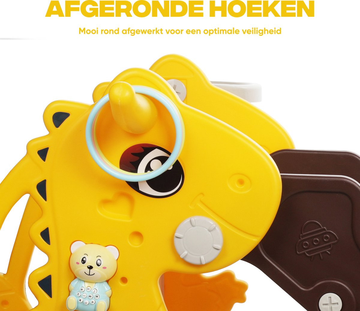 Rockerz Premium Glijbaan - Voor binnen en buiten - Speelplezier gegarandeerd - Opvouwbaar - Veilige dichte trap - Ringen spel - Basketbal ring (inclusief bal) - Muziek beertje - Kleur: Geel — afbeelding 3