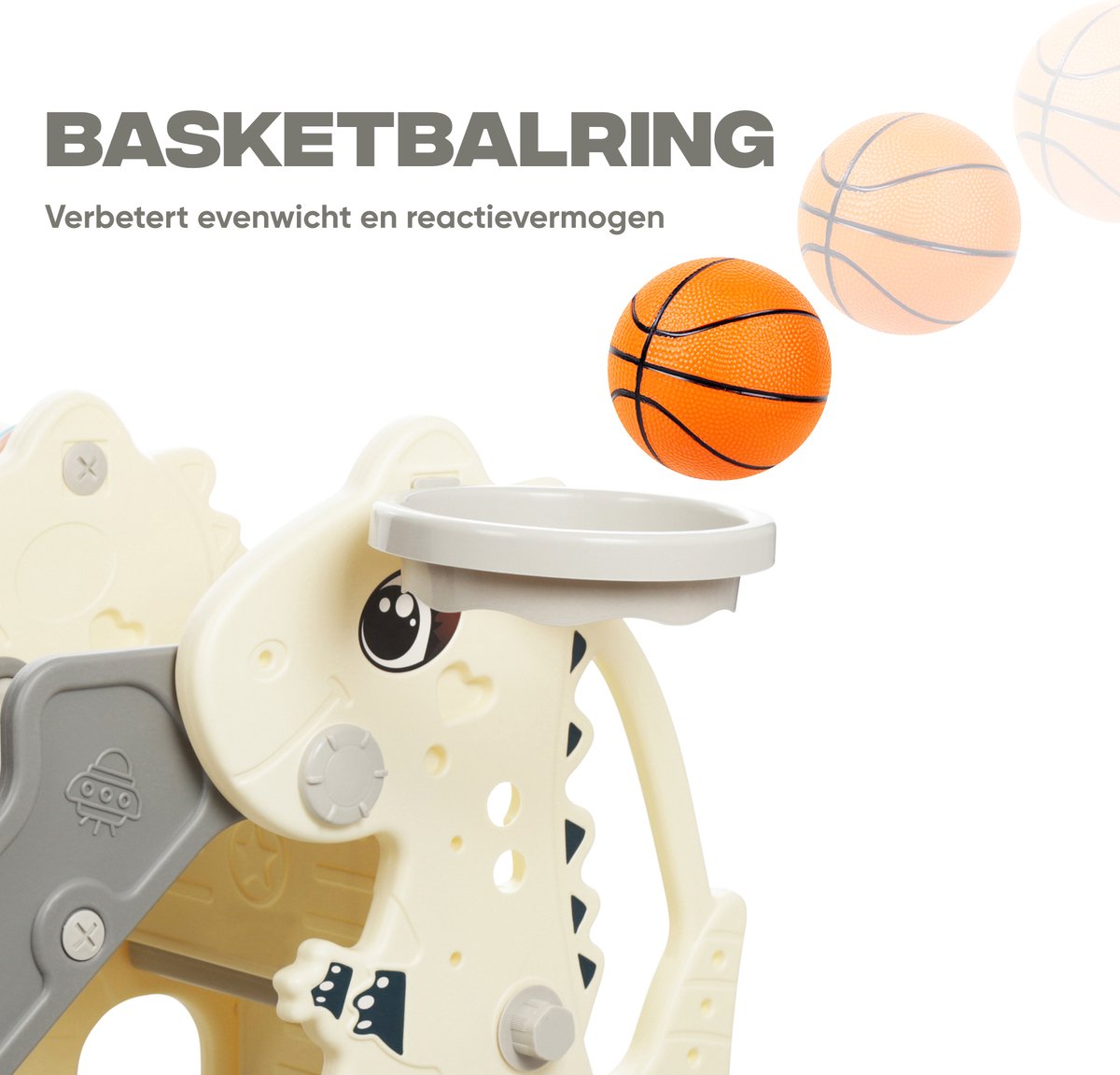 Rockerz Premium Glijbaan - Voor binnen en buiten - Speelplezier gegarandeerd - Opvouwbaar - Veilige dichte trap - Ringen spel - Basketbal ring (inclusief bal) - Muziek beertje - Kleur: Wit — afbeelding 12