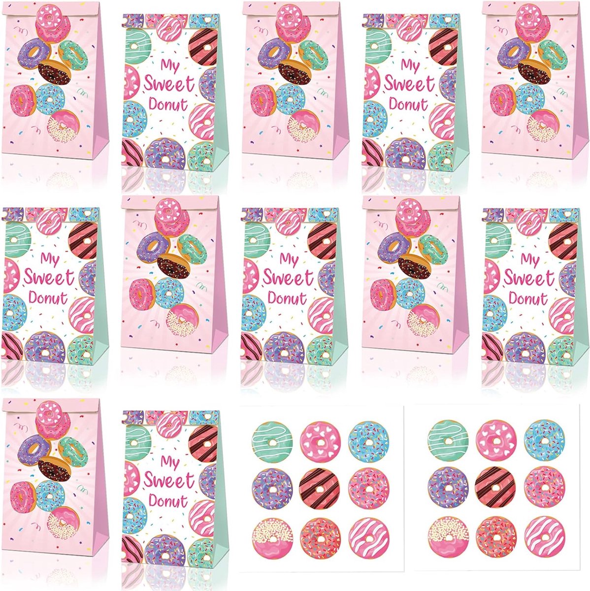 12 Donut Geschenkzakjes - Papieren Snoepfeest Cadeauzakjes met Stickers | Verjaardag en Feestdecoratie
