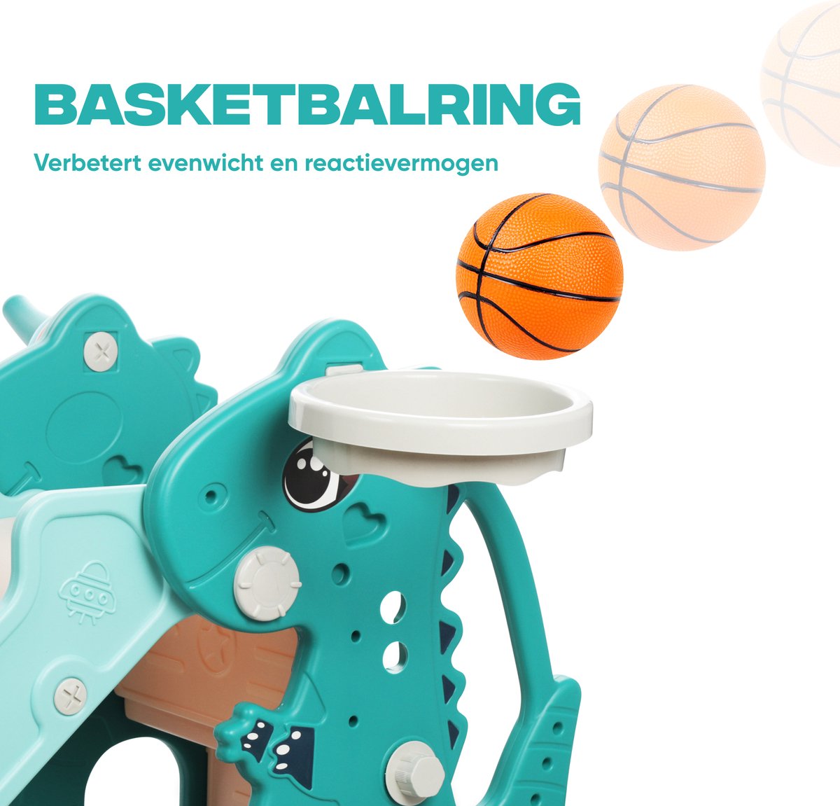 Rockerz Premium Glijbaan - Voor binnen en buiten - Speelplezier gegarandeerd - Opvouwbaar - Veilige dichte trap - Ringen spel - Basketbal ring (inclusief bal) - Muziek beertje - Kleur: Groen — afbeelding 18