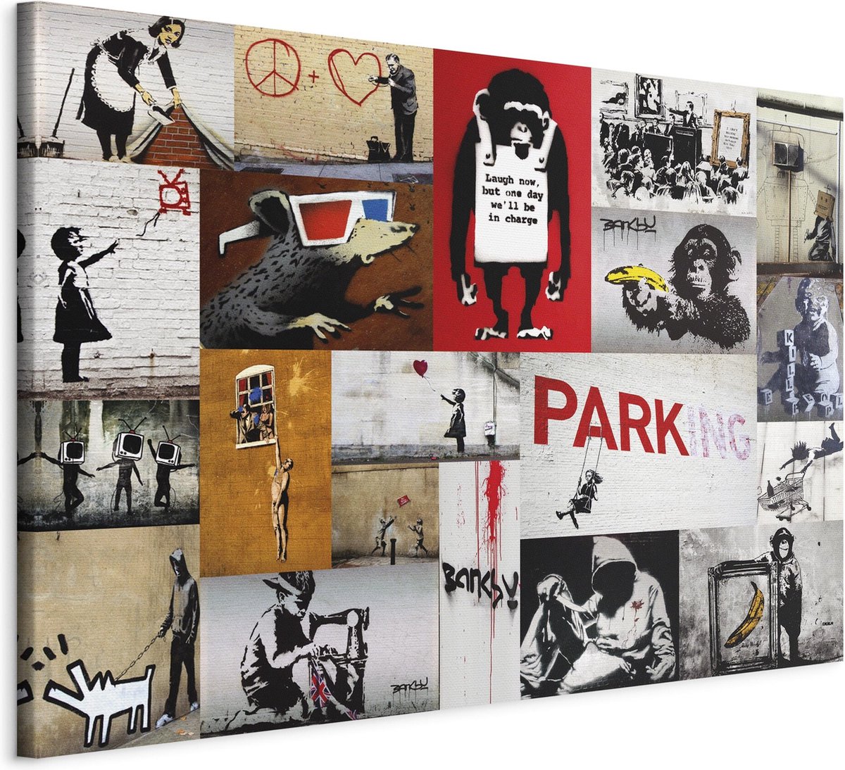 karo-art Schilderij - Banksy - collage Multikleur
