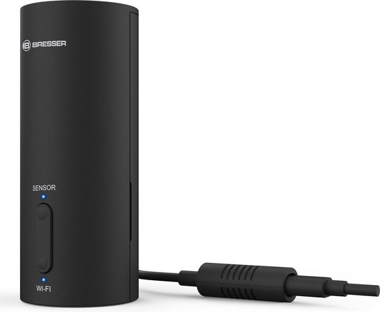 Zwarte Bresser gateway met "SENSOR" en "WI-FI" indicatielampjes en aangesloten kabel.