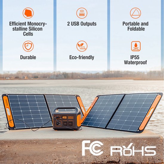 Jackery zonnepanelen met Jackery Explorer 1500. Kenmerken: efficiënte monokristallijne silicacellen, 2 USB-uitgangen, draagbaar, duurzaam, eco-vriendelijk, IP55 waterdicht.