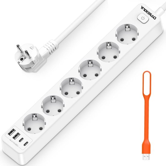 4-voudige stekkerdoos met 3 USB, meervoudige stekkerdoos met USB-C, meervoudige stekker voor stopcontact, 7-in-1 stekkeradapter met flexibele kabel, voor slaapkamer, reizen en kantoor, zwart