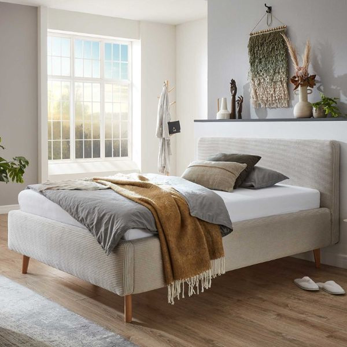 Bed Madras 140x200cm Met Opbergruimte Ribfluweel - Beige - Meise - Tweepersoons Gestoffeerd Bed - Beige - Velours; Polyester Tweepersoons Normaal Bed