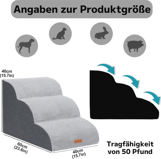 CALIYO Hondentrap voor Kleine Honden en Katten, 3-Traps, Bed, Bank, Antislip, Kattentrap, Wasbaar, Draagbaar, Ladder, 40 cm