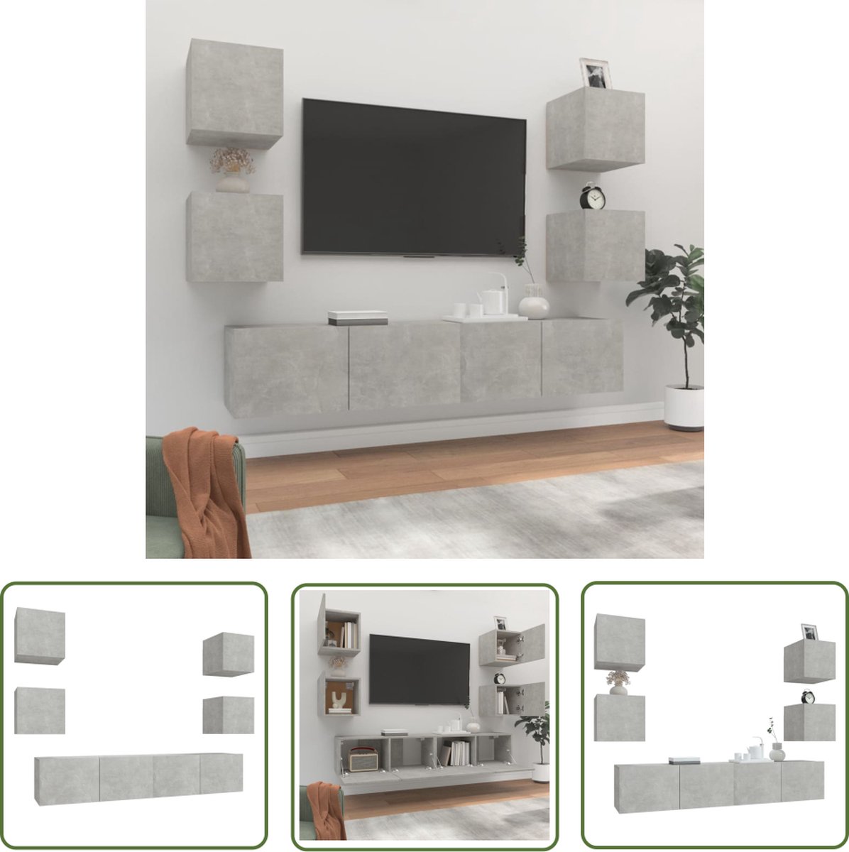 vidaXL Tv Meubel - TV Kast - 6-delige Tv-meubelset bewerkt hout betongrijs - Beton Grijs - Wandmontage - Houten Tv Kast