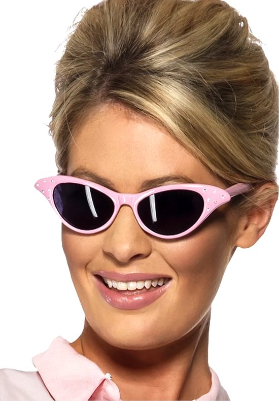 Rock en Roll Pink Lady zonnebril - Roze Grease Ladies bril met strass
