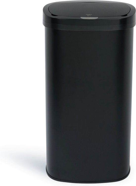 Poubelle rectangulaire noire aux coins arrondis avec couvercle à détecteur.