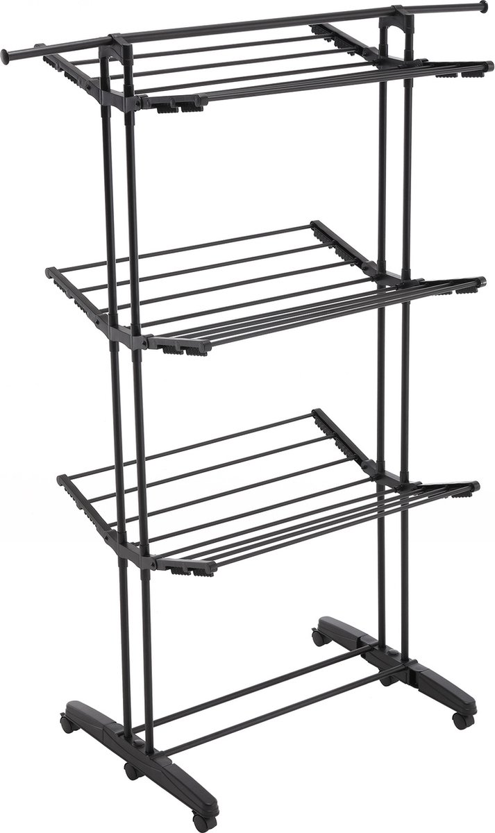 Meisterhome® - 24 Meter - wasrek – Inklapbare wielen – makkelijk opbergen - Droogtoren op wielen - 3 etages - draaibaar droogrek - uitklapbaar – Mat zwart - Tot 25 kg wasgoed
