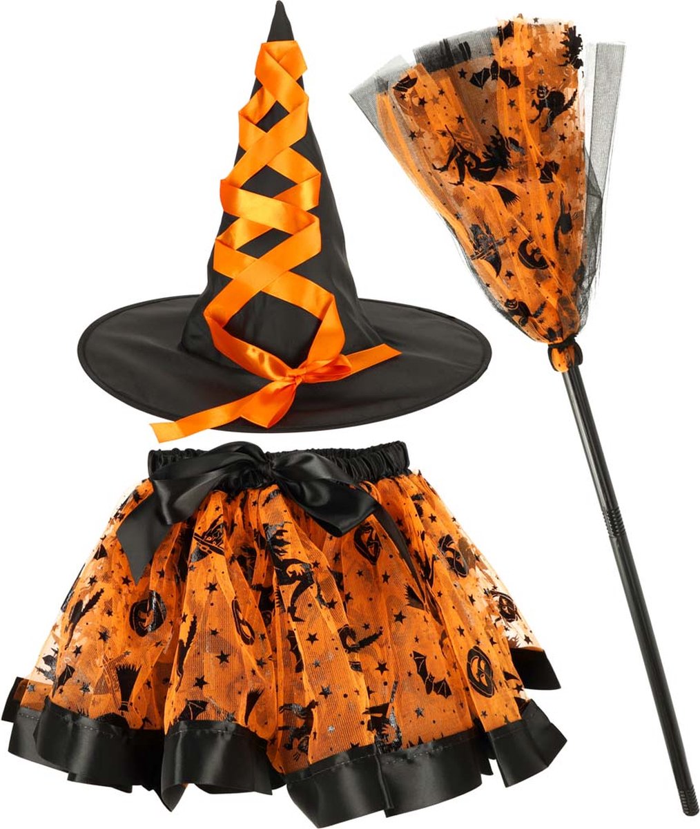 Costume Sorcière Halloween Pour Fille – Robe Violette Avec Chapeau Et Balai – Déguisement Enfant Fête Cosplay