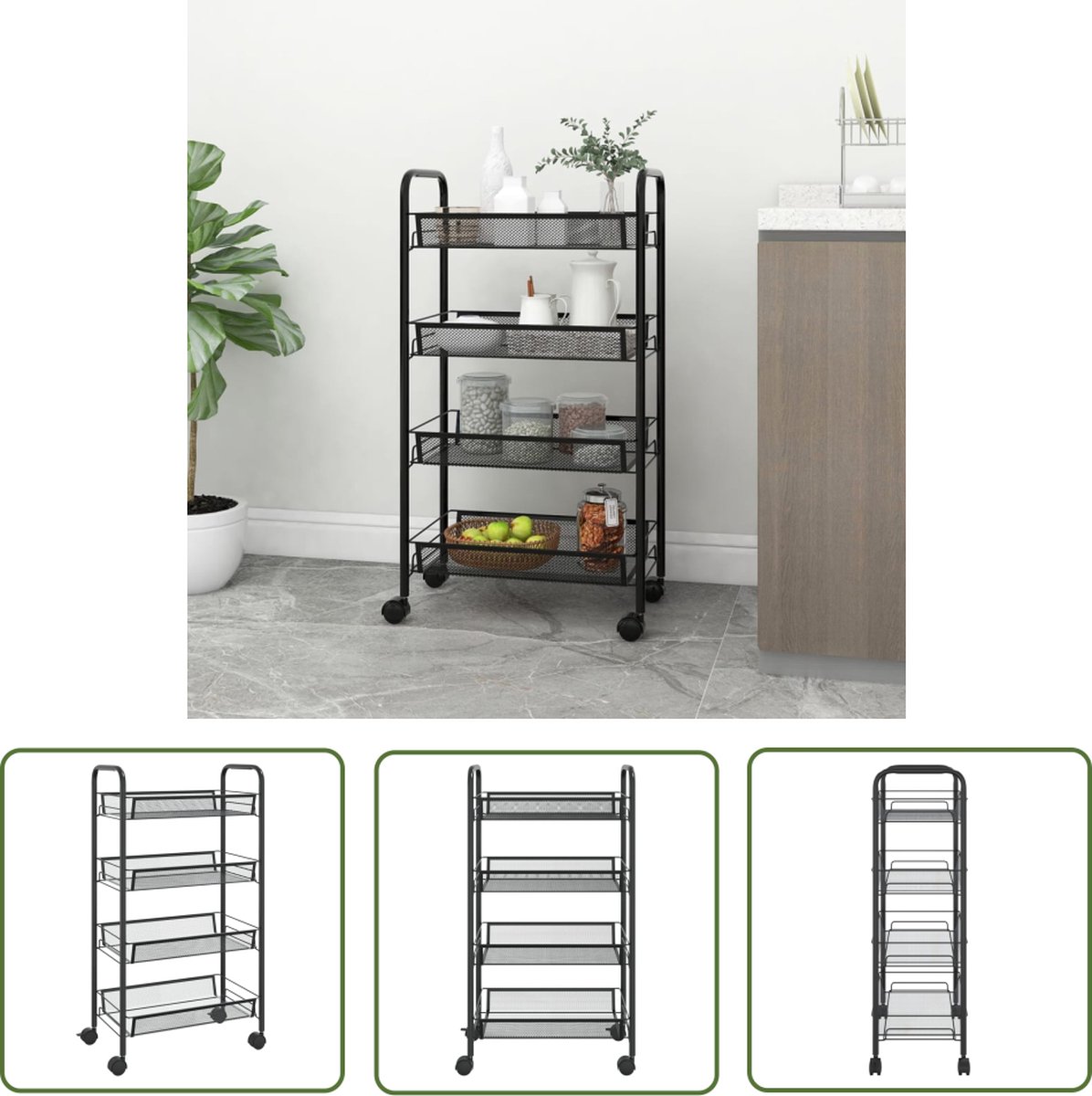 The Living Store Trolley - Huishoudelijk - 46 x 26 x 85 cm - Zwart - ijzeren constructie