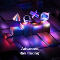 Gedetailleerde weergave van raytracing effecten met geometrische vormen zoals een kegel, bol en kubussen. Geavanceerde Raytracing.