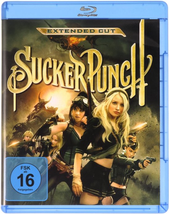 Voorzijde van een Blu-ray-hoes van Sucker Punch met de titel en de hoofdrolspelers, inclusief een FSK ab 16-logo.