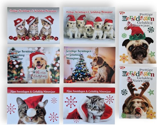 40 Luxe Kerst- en Nieuwjaarskaarten 8 x 5 dubbele kaarten met enveloppen - serie Honden & Katten
