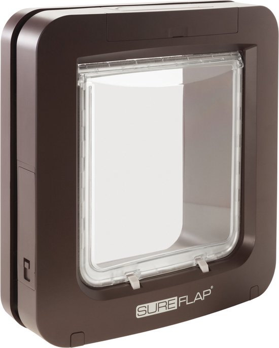Bruine SureFlap microchip huisdierluik met doorzichtige klep.