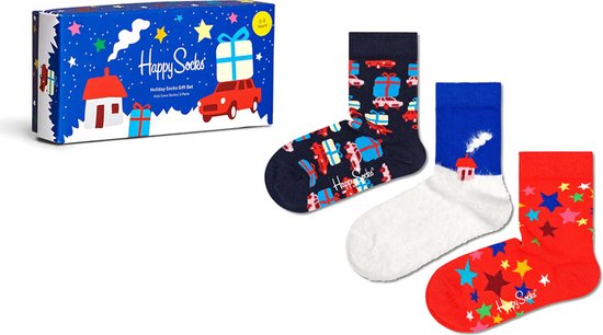 Happy Socks geschenkset met drie paar kindersokken met thema's: auto's, winterlandschap en sterren.