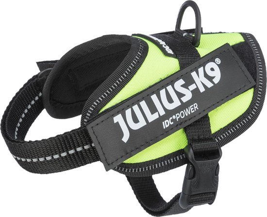 Geel Julius-K9 IDC Powertuig met 'IDC POWER' logo, reflecterende naden en zwarte gesp.