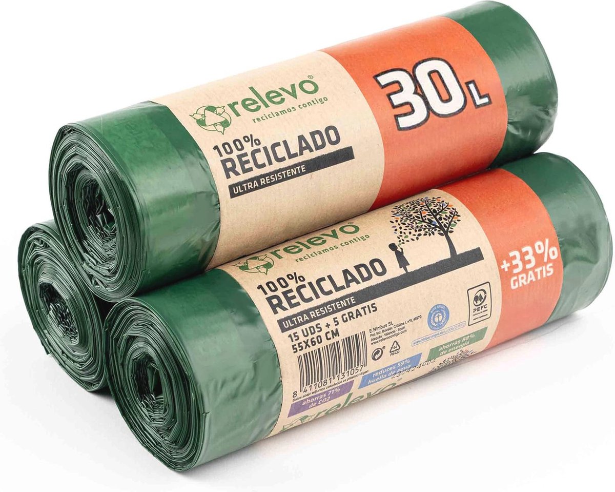 100% gerecyclede vuilniszakken - Extra Sterk - 30L - 60 Stuks