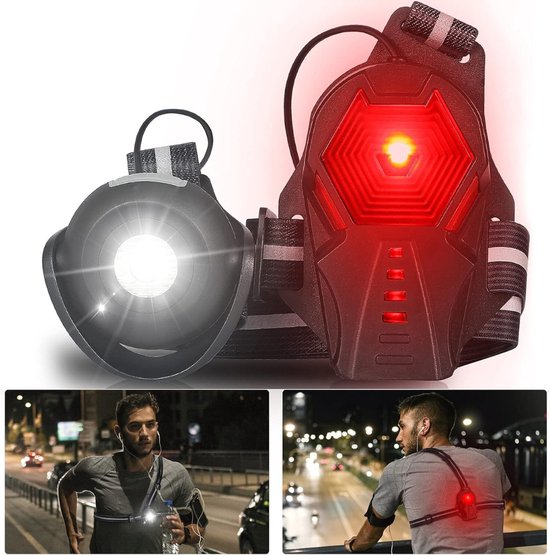 WESTGIRL looplicht, borstlamp met verstelbare straal 500 lumen, USB- oplaadbaar, waterdichte voorlamp en waarschuwingsknipperende leds achter