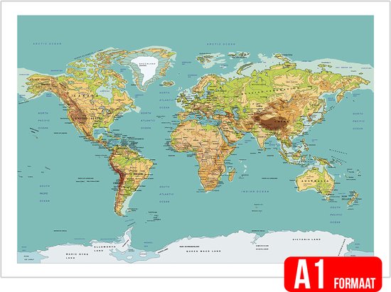 Wereldkaart relief / map / poster / pancarte (plastique) | Chaînes de montagnes sur Terre | 84 x 59 cm | Taille A1 | carte du monde | Carte | 1 pièce