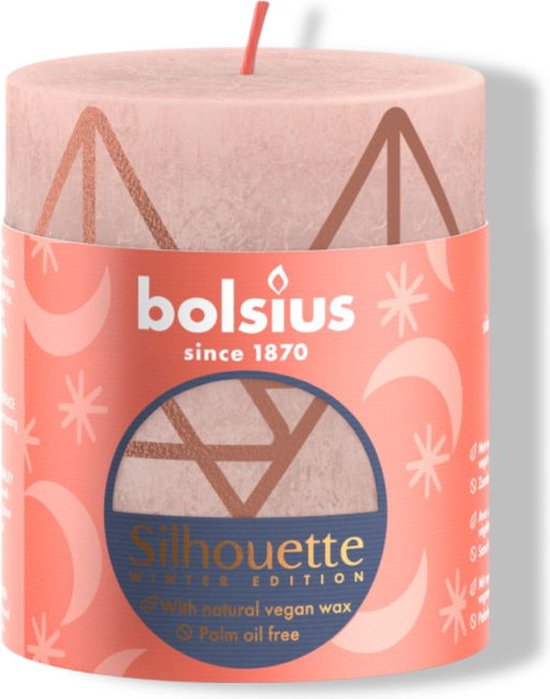 Lichtroze kaars met koperkleurige kerstboomprint, label 'Bolsius Silhouette Winter Edition'.