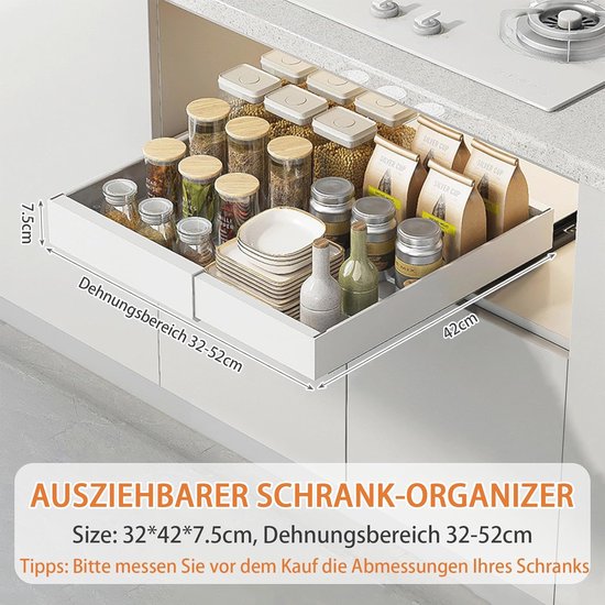 Uitschuifbare Kast Organizer Uitschuifbare Keukenlade Organizer - Verstelbaar 32-52 Cm, Met Plakstrip, Geen Boren Nodig Telescopische Lade