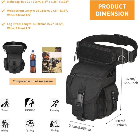 Tactische / militaire heuptas, sterk en praktisch, geschikt voor joggen, fitness, fietsen, bergbeklimmen, wandelen enz. Buitenactiviteiten, Sporttas - Zwart
