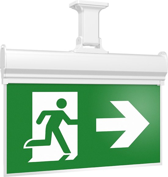 Witte noodverlichtingsarmatuur met pictogram 'vluchtroute naar rechts'.
