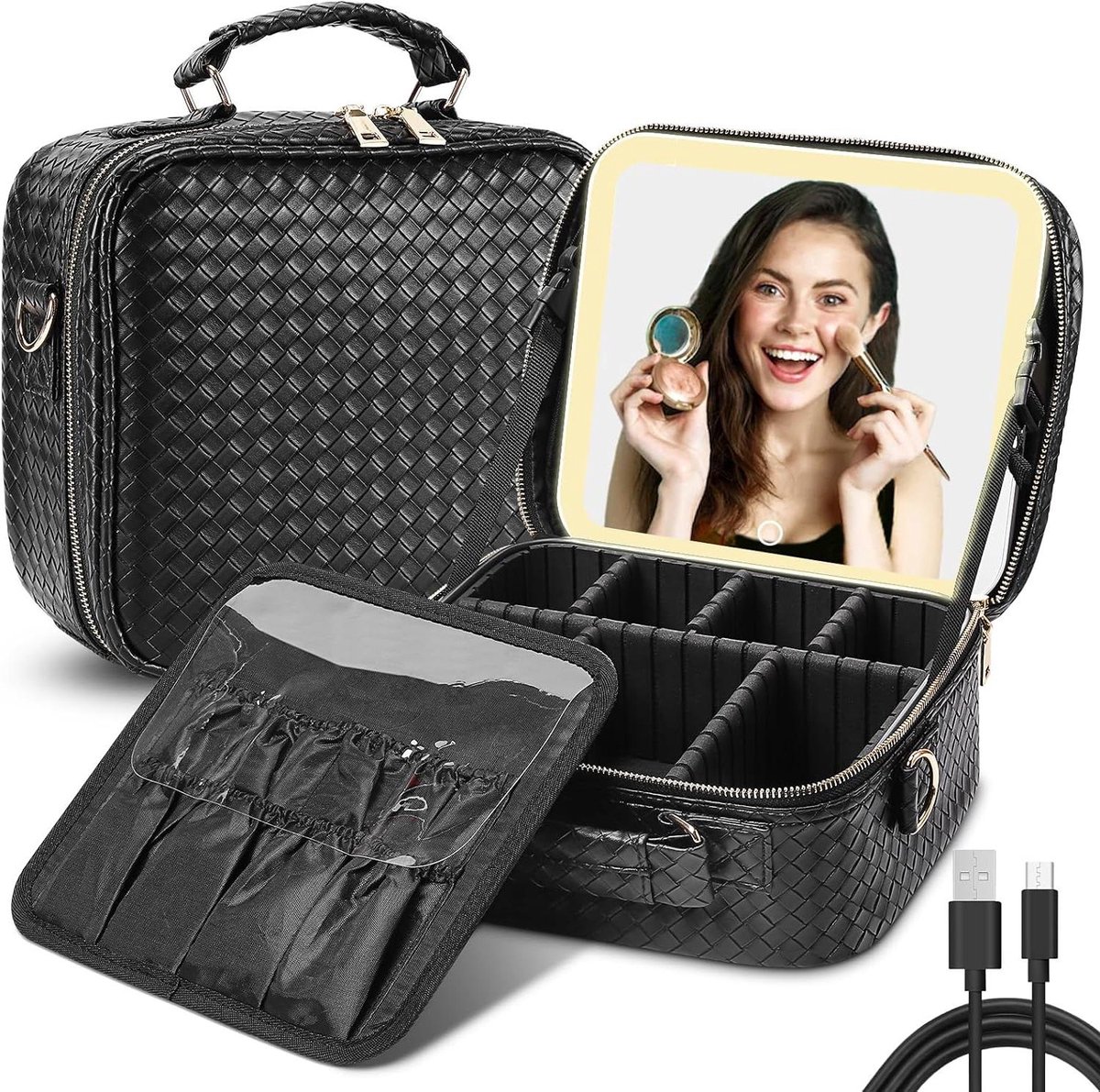 Make-up spiegel Draagbare Cosmetica Organizer Verstelbare Verdelers Compartiment Vanity Case & Make-up Opslag Zwart