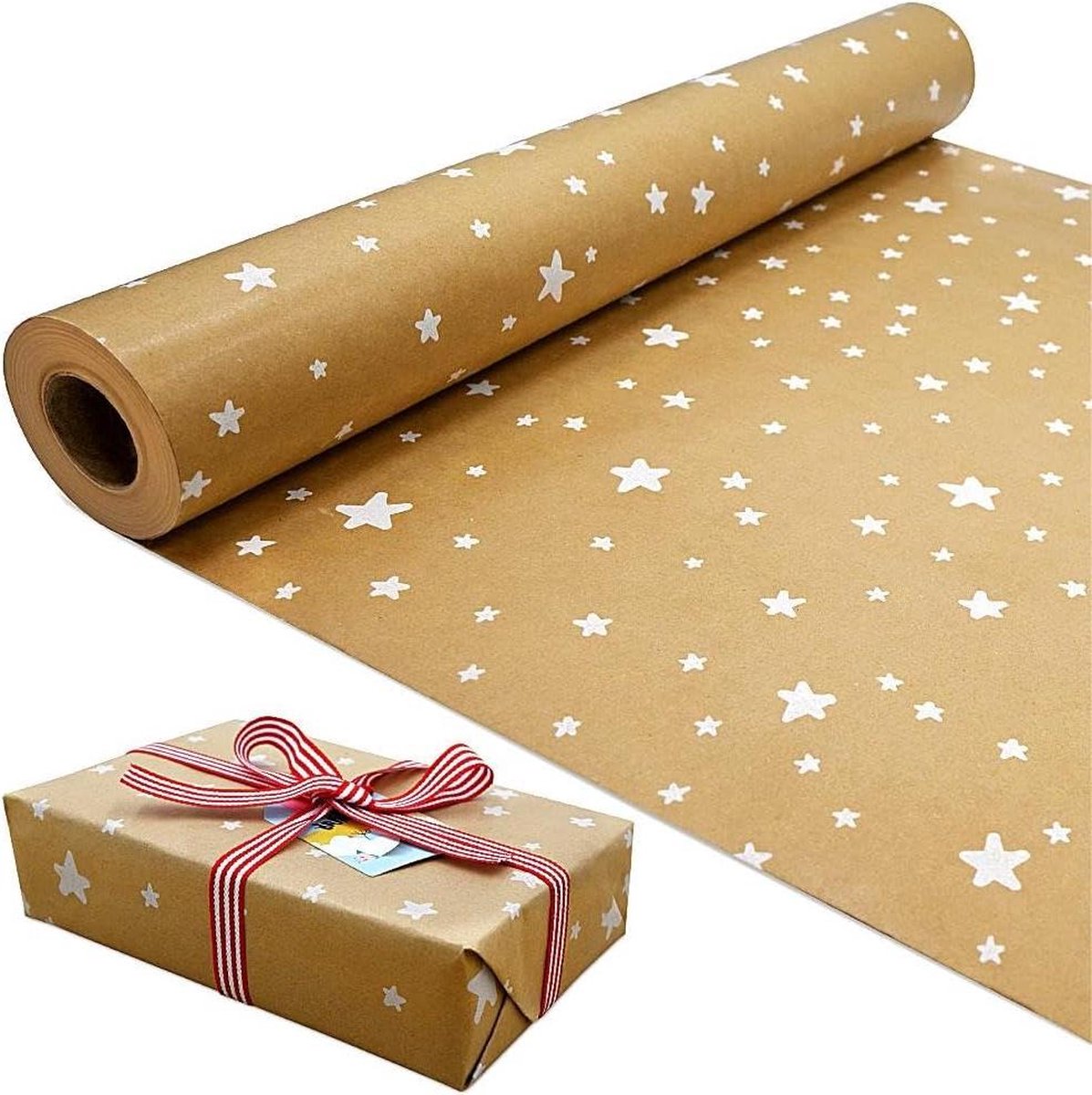 Inpakpapier Kraftpapier rol met witte ster - recyclebaar - ECO-cadeau - verjaardagscadeau feest - 15 m x 44 cm