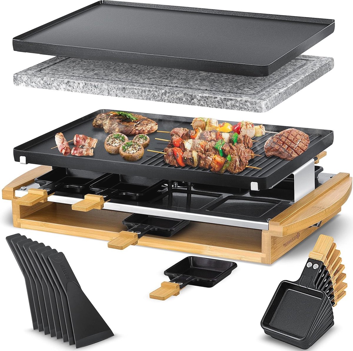 Raclette grill met grillplaat en natuurstenen plaat voor 8 personen - tafelgrill 1200W met antiaanbaklaag
