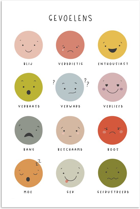 Poster 20x30 cm - Gevoelens - Leren voor kinderen - Educatief - Kleuren - Posters - Kamer decoratie accessoires - Wanddecoratie kinderkamer - Muurdecoratie babykamer