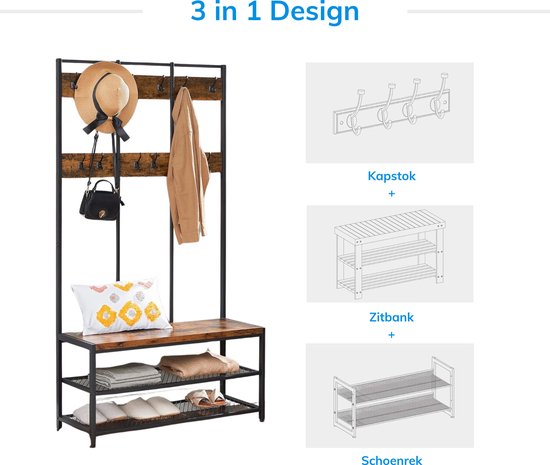 Staande kapstok met bruine houten planken, zwart metalen frame, met hoed, jas, tas en schoenen op de rekken.