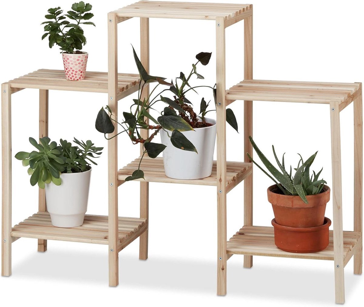 Stabiel plantenrek hout voor binnen plantenetagère bloemenrek plantentrap HBD: 70 x 89 x 27 cm naturel
