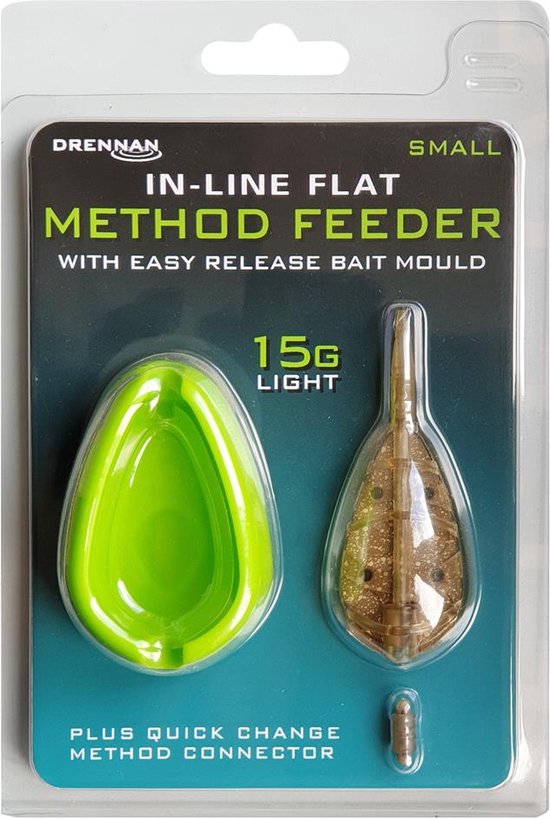 Emballage d'un Drennan In-line Flat Method Feeder, petit, 15g, léger, avec moule et connecteur verts.