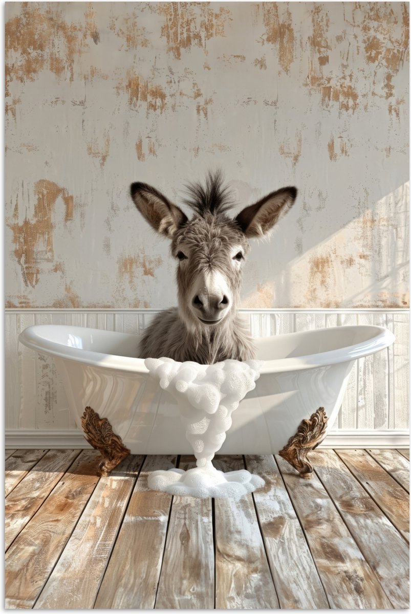 Poster 20x30 cm - Ezel - Dieren - Badkuip - Schuim - Posters - Wanddecoratie badkamer - Mu