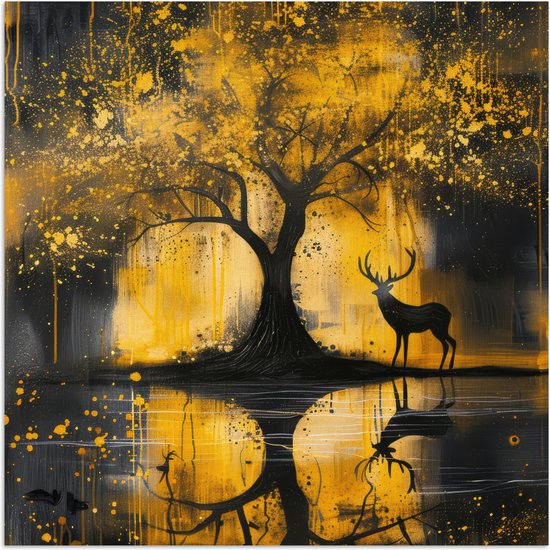 Poster 75x75 cm - Arbre - Aspect peinture - Cerf - Nature - Or - Posters - Décoration chambre - Décoration murale salon - Décoration murale chambre